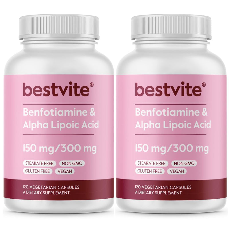 BESTVITE Benfotiamine 150mg/Alpha Lipoic Acid 300mg (240 Veg Caps)(120x2) | No Stearates - Vegan - Gluten Free - Non GMO - Fat Soluble Vitamin B1 Thiamine Supplement - ALA Supplement 120 Count (Pack of 2)