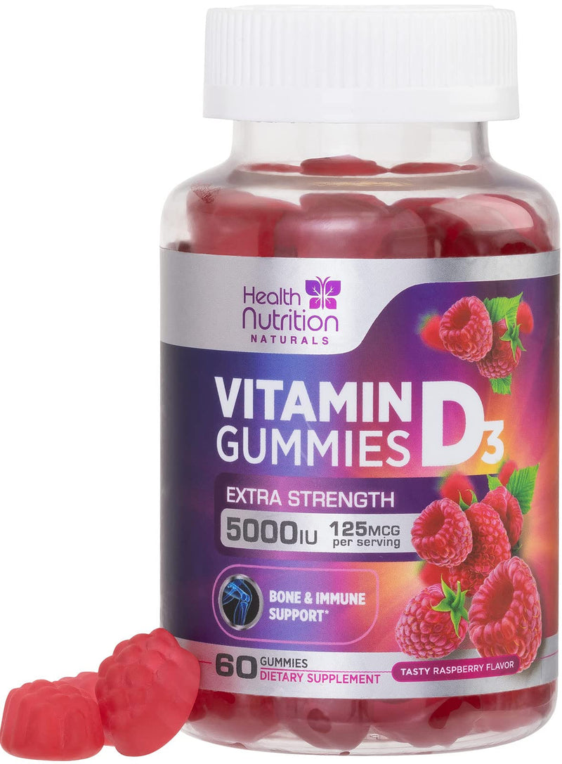 Vitamin D3 Gummies 125 mcg (5000 IU) Per Serving - 3X Strength Immune Support & Bone Support, Vitamin D Gummy Dietary Supplement, Nature's Berry D Vitamin Supplement, Raspberry Flavored - 60 Gummies 60 Count (Pack of 1)
