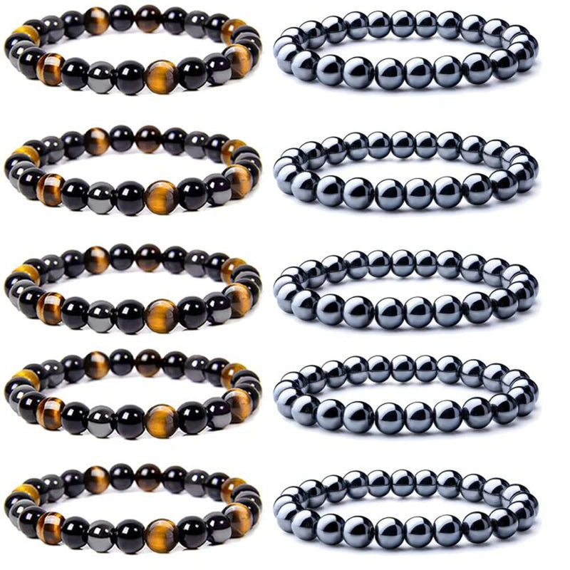 WAINIS 10PCS 8mm Black Hematite Magnetic Bead Therapy Bracelet For Men Women Stone Bracelet Stress Relieving Triple Protection Bracelet A:10 Pcs - BeesActive Australia