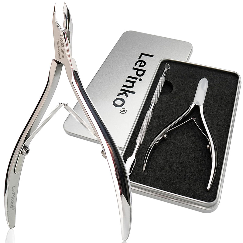 LePinko Salon-Quality Cuticle Trimmer with Cuticle Pusher, Super Labor-saving Cuticle Cutter, Sharp Cuticle Clippers for Manicurist, Professional Pedicure Manicure Nail Care Tool, 5mm Jaw Silver - BeesActive Australia