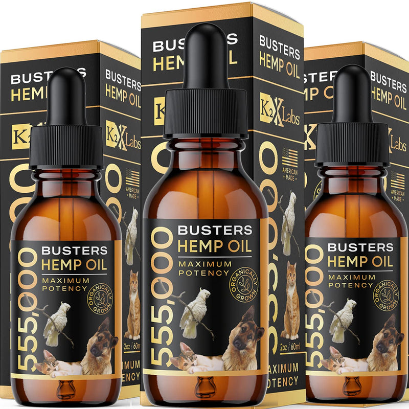 3Pack 6Month Supply Buster's Organic Hemp Oil for Dogs and Pets 555000, Large 60ml Bottle Miracle Formula, Perfectly Balanced Omegas 3, 6, 9 - Joint Support, Calming
