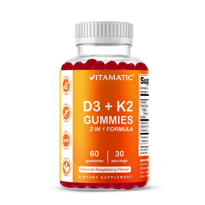 Vitamatic Vitamin D3 + K2 Gummies 60 Count | D-3 5000 IU + Vitamin K 140mcg for Bone Heart & Immune Support, Pectin-Based, Non-GMO, Gluten-Free 60 Count (Pack of 1)