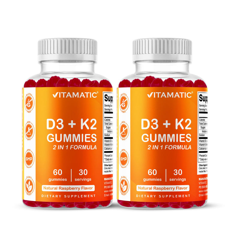 Vitamatic Vitamin D3 & K2 Gummies (2-Pack, 60 Count) Supports Healthy Bones, Heart Health, Calcium Absorption, and Immune Function Plant-Based, Non-GMO, Gluten-Free 60 Count (Pack of 2)