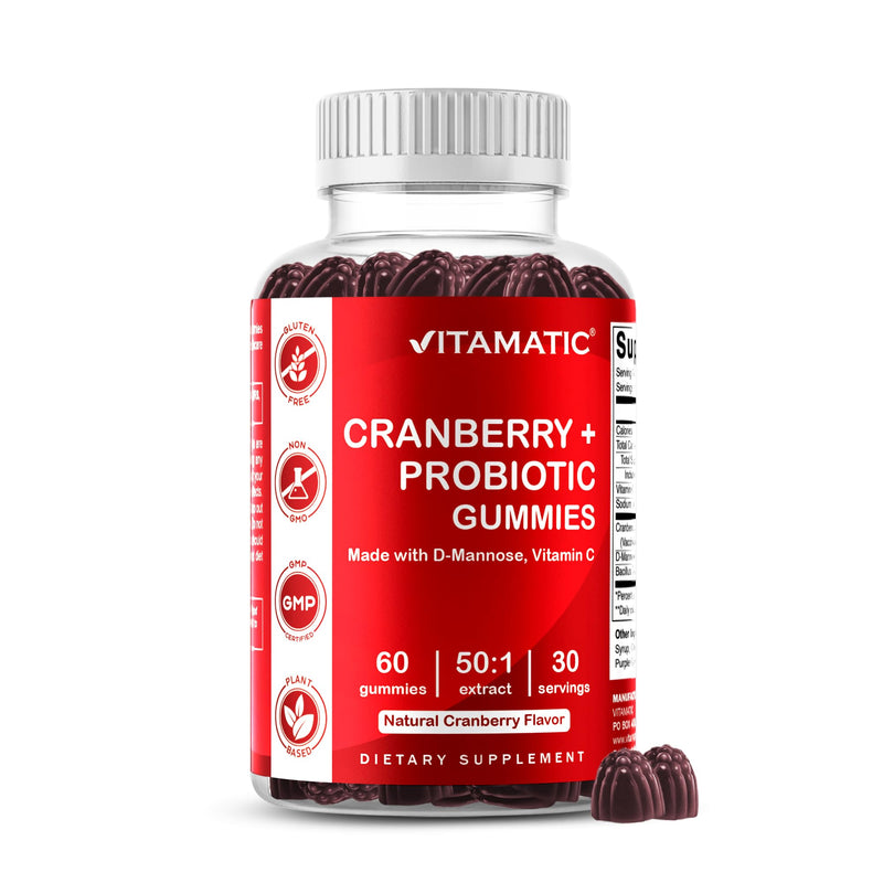 Vitamatic Cranberry + Probiotic Gummies with D-Mannose, 60 Gummies | 50:1 Extract, Supports Urinary Tract Health and Antioxidant*, Natural Cranberry Flavor, Non-GMO, Gluten Free 60 Count (Pack of 1)