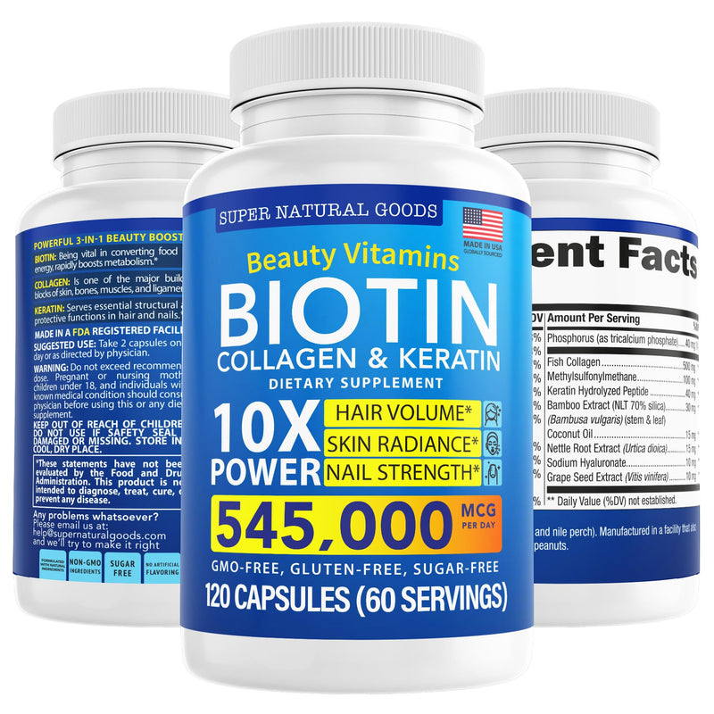 Biotin and Collagen Vitamins + Keratin with Folate - Hair Loss Treatments for Women & Men - Follicle, Skin and Nail Supplements for Hair Growth & Postpartum Support - GMO Free & Gluten Free (120 Caps) 120 Count (Pack of 1)
