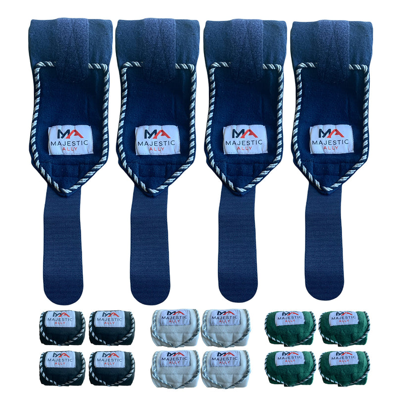 Majestic Ally Fleece Polo Leg Wraps with Braided Rope for Horses - Set of 4-10 foot long and 5 Inch wide (Navy) Navy - BeesActive Australia