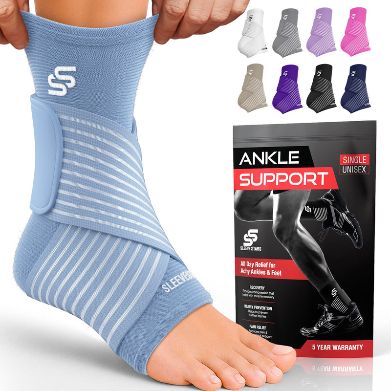 Sleeve Stars Ankle Brace for Women & Men, Ankle Wrap for Sprain, Compression Sleeve for Plantar Fasciitis Relief, Easy Customizable Support: w/ Removable Strap (Single/M:10"-12"/Light Blue) Medium Light Blue 1