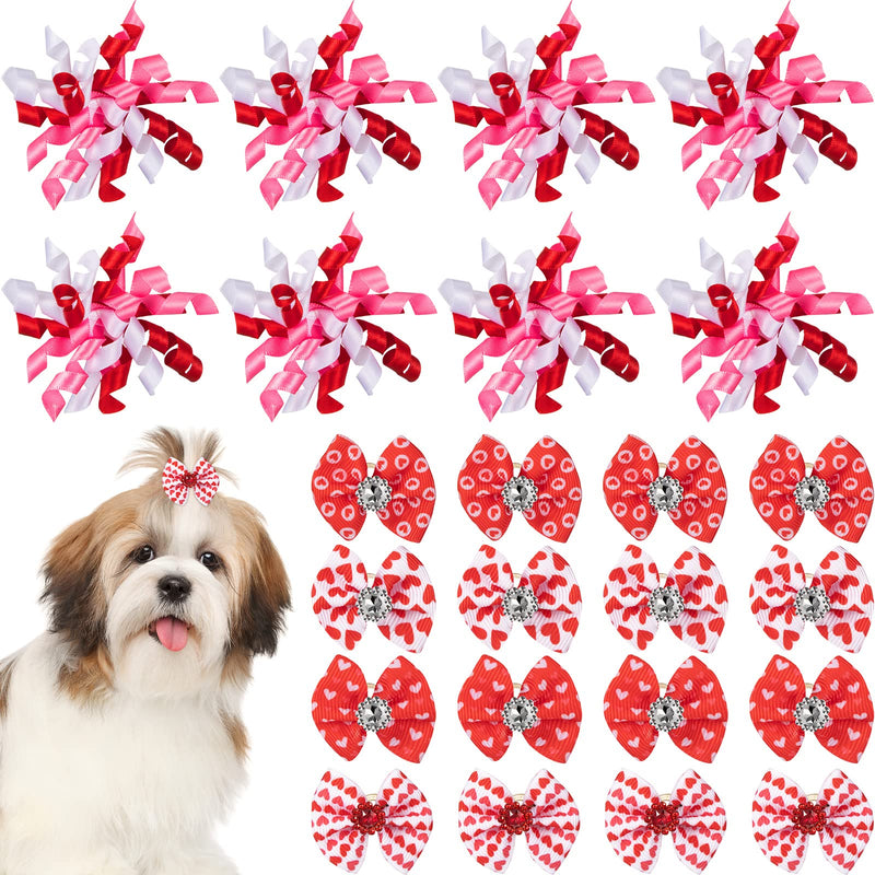 Chuangdi 24 Pcs Valentine's Day Dogs Hair Bows for Pet Hair Bows with Rubber Band Ribbon Curly Dog Hair Bows Adorable Rhinestone Dog Bows Puppy Bows Cat Dog Hair Accessories Heart Pattern - BeesActive Australia