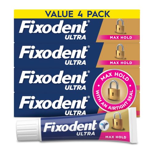 Fixodent Ultra Max Hold Denture Adhesive Cream, 2.2 oz (4-Pack) – Strong False Teeth Glue and Secure Dental Adhesive for Full or Partial Plates, Prevent Food Slipping 2.4oz (Pack of 4)