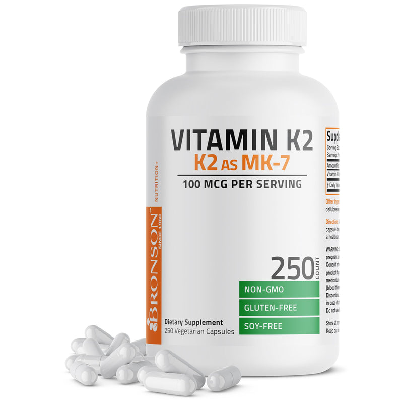 Bronson Vitamin K2 as MK-7 Menaquinone 100 mcg Non-GMO, 250 Capsules Unflavored 250 Count (Pack of 1)