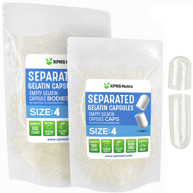 XPRS Nutra Gelatin Size 4 Separated Capsules - 100 Count Clear Small Empty Capsules Separated in Bags - DIY Fillable Pill Caps - Size 4 Gel Do-It-Yourself Vitamin and Supplement Filling 100 Count (Pack of 1)