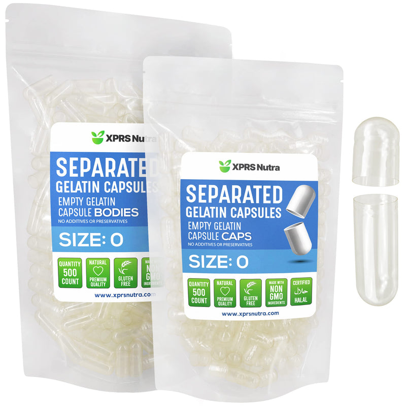 XPRS Nutra Gelatin Size 0 Separated Capsules - 500 Count Clear Empty Capsules Separated in Bags - Size 0 Gelatin Pills - Clear Empty Gel Caps for DIY Supplement Filling 500 Count (Pack of 1)