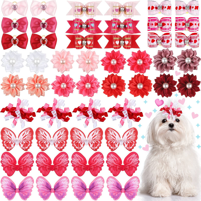 MTLEE 50 Pcs Valentine's Day Pink Small Dog Hair Bows Mixed Styles Dog Bows Pink Bows Heart Rhinestone Pattern with Rubber Bands Puppy Yorkie Cat Butterfly Topknot Rhinestone Pearl Girl Accessories - BeesActive Australia