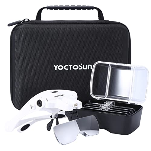 YOCTOSUN Magnifying Glasses with LED Light,5 Lenses,Headband,Storage Case Led Head Magnifier with Storage Case