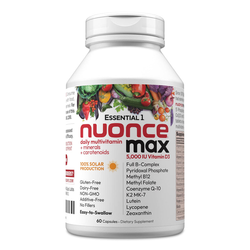 ANDREW LESSMAN Essential-1 nuonce max Multivitamin 5000 IU Vitamin D3 60 Small Capsules. 100 mcg Methyl B12. CoQ10 Lutein Lycopene Zeaxanthin. High Potency. No Additives. Ultra-Mild One Daily Capsule | Complete Daily Multivitamin & Mineral Formula with...