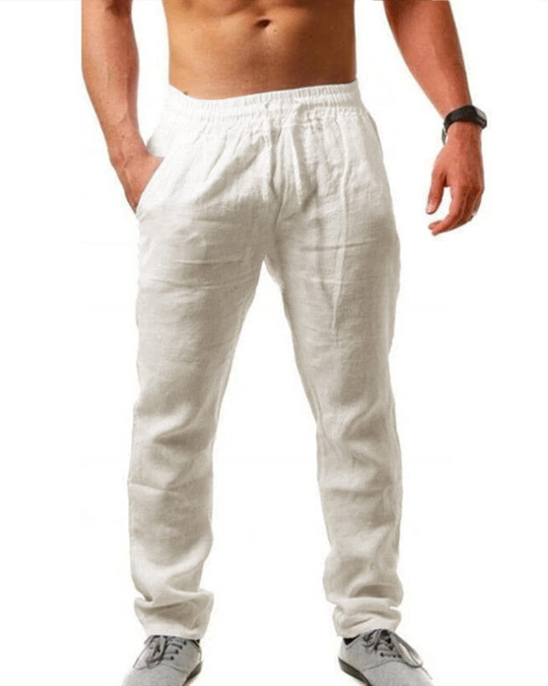 AUDATE Men's Cotton Linen Trousers Solid Summer Beach Yoga Pants Casual Drawstring Trousers XX-Large White - BeesActive Australia
