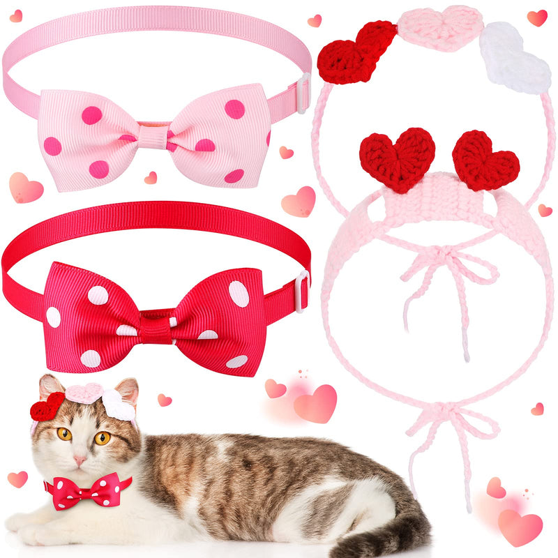 2Pcs Valentines Day Heart Headband for Cat and 2Pcs Pet Neck Bow Cat Valentines Day Headband with Ear Holes and Chin Straps Adjustable Dog Bow Tie Valentines Pink Red Heart Headband for Dogs Cats Pets - BeesActive Australia