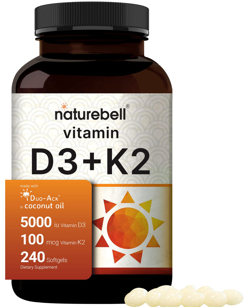 NatureBell Vitamin D3 5000 K2 (MK7) with Virgin Coconut Oil, 240 Softgels, 100mcg, 2 in 1 Support, Duo-Ack | 8 Months Supply | Third Party Tested, Non GMO & No Gluten D3 K2 5,000 IU 240 Count (Pack of 1) - BeesActive Australia