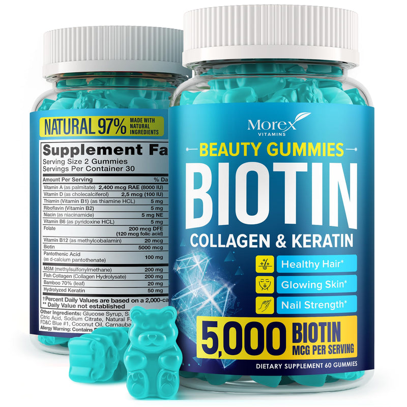 Biotin Collagen Keratin Gummies - Hair Growth Support for Women, Men, 60pcs | Supports Thicker, Fuller-Looking Hair, Stronger-Looking Nails & Healthy Skin - 5,000mcg Biotin with Collagen, Keratin Biotin Gummies