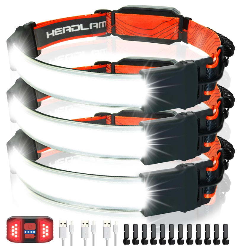 Headlamp Rechargeable, 3 Pack Bright LED Headlamps Wide Beam Head Lamp Headlight Flashlight with Red Tail Light 1200lm Lightweight Adjustable Waterproof for Biking Running Fishing Camping