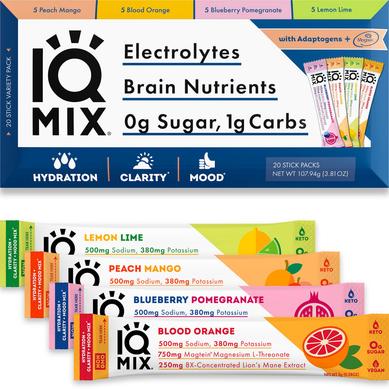 IQMIX Sugar Free Electrolytes Powder Packets - Hydration Supplement Drink Mix with Keto Electrolytes, Lions Mane, Magnesium L-Threonate, and Potassium Citrate - Variety Pack (20 Count) All Flavor Variety 20 Count (Pack of 1) - BeesActive Australia