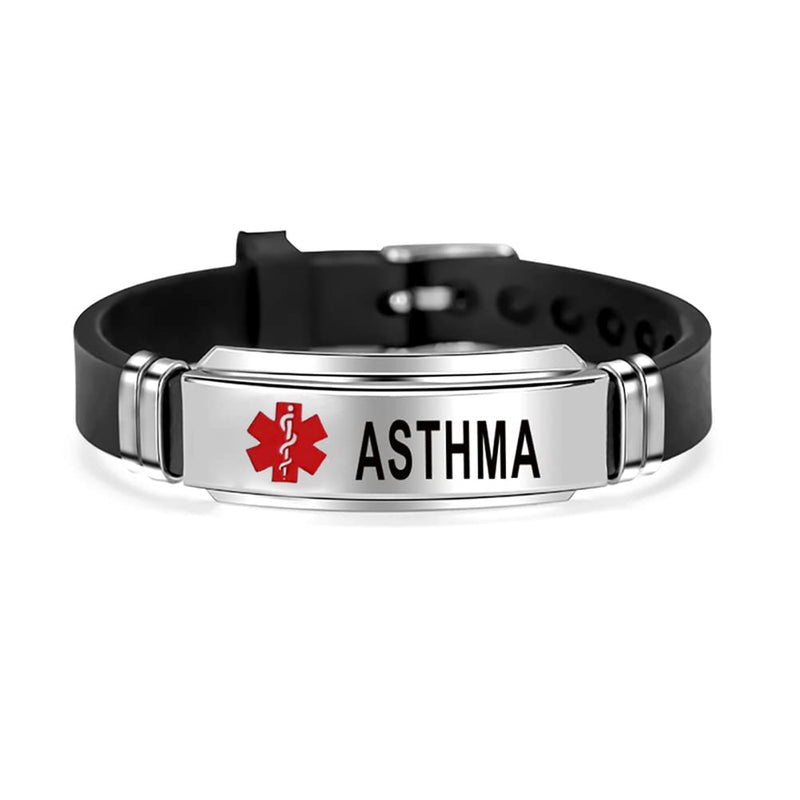 GMXLin Medical Alert Silicone Sport Bracelet for Men Women Stainless Steel First Aid Health Monitoring Adjustable Emergency ID Wristband Bracelets ASTHMA