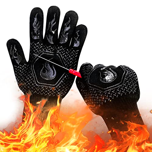 BBQ Gloves 1472F Heat Resistant Non-Slip Silicone 13.5in (Black) Black