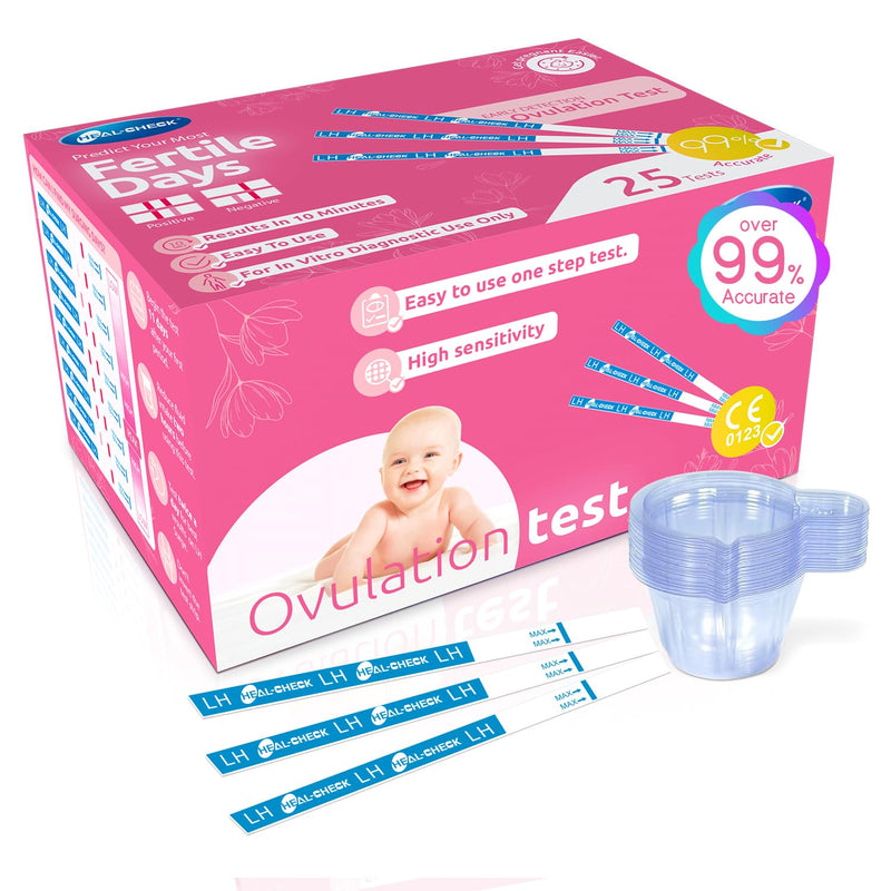 HEAL-CHECK 25 Count Ovulation Test Strips with Cups, Bulk Ovulation Test Strips for Women, Ovulation Predictor Kit, Accurate Fertility Tests for Home, Individually Wrapped 5mm LH - BeesActive Australia