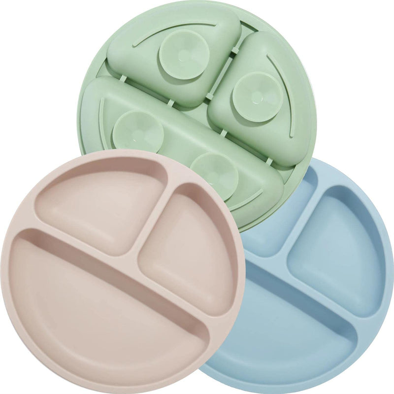 PandaEar Divided Unbreakable Silicone Baby and Toddler Plates - 3 Pack - Non-Slip - Dishwasher and Microwave Safe - Silicone (Blue Green Brown) Blue Green Brown - BeesActive Australia