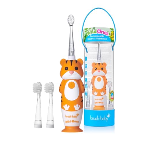 BrushBaby - WildOnes - Kids Rechargeable Electric Toothbrush, Ages 0-10 - Tiger Design with Flashing Lights - DeepClean Bristles for Superior Cleaning - 2 Replacement Brush Heads, 1 USB Cable