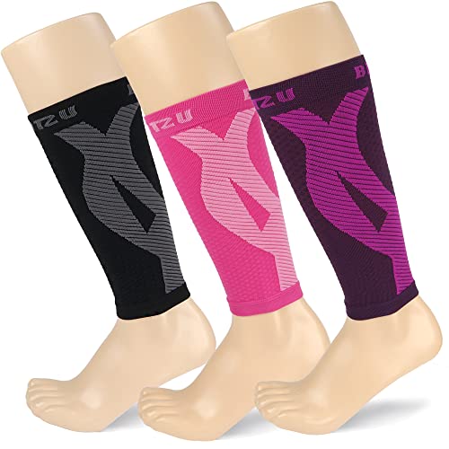 BLITZU 3 Pairs Calf Compression Sleeves for Women and Men Size S-M, One Black, Pink, Purple Calf Sleeve, Leg Compression Sleeve for Calf Pain and Shin Splints. Footless Compression Socks.