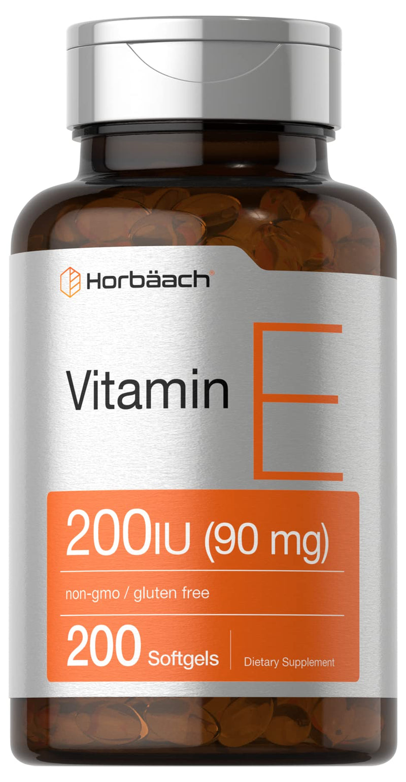 Horbäach Vitamin E Supplement | 200 IU (90 mg) | 200 Softgel Capsules | Non-GMO and Gluten Free Formula 200 Count (Pack of 1) - BeesActive Australia