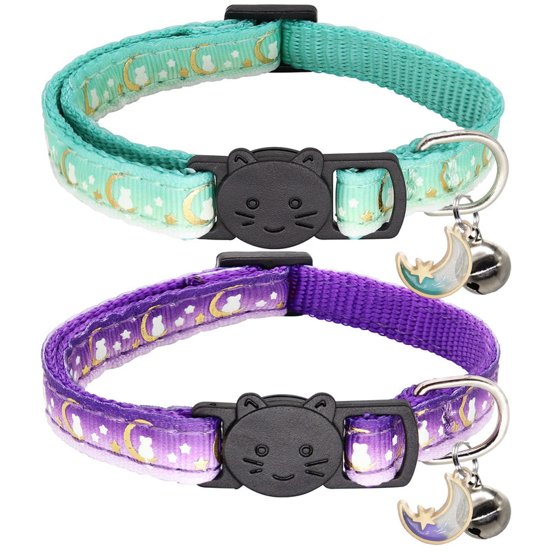 2 Pack Breakaway Cat Collar with Bells,Adjustable Moon and Star Kitten Safety Collars for Boys & Girls,Purple+Teal 7-11'' Teal+Purple - BeesActive Australia