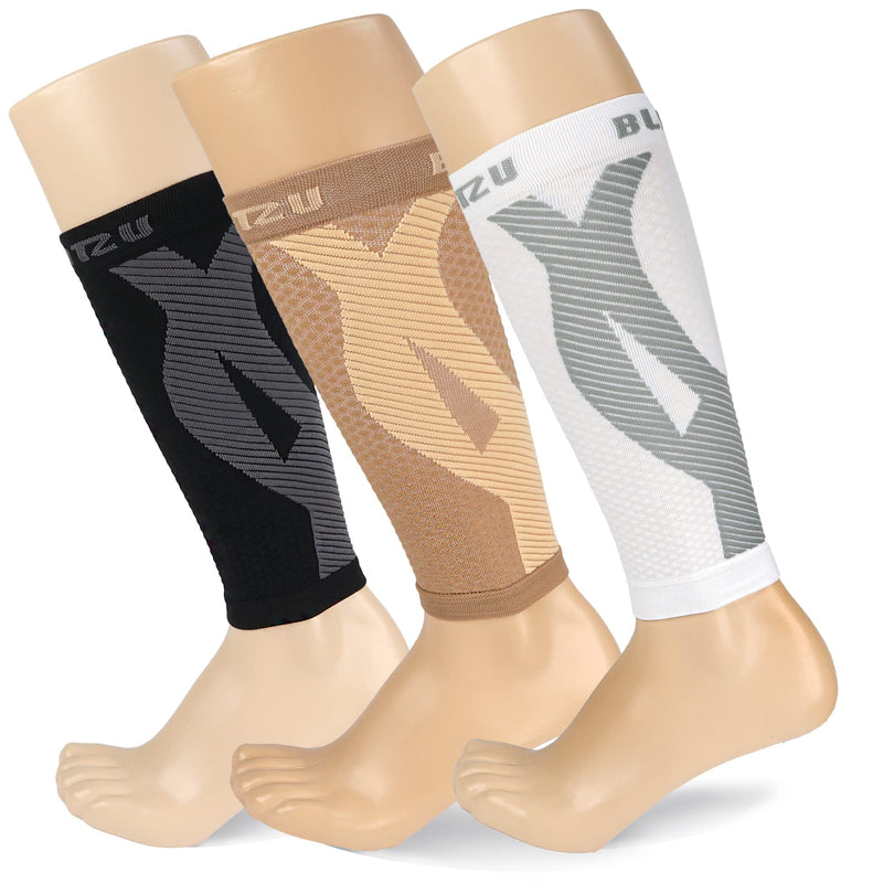 BLITZU 3 Pairs Calf Compression Sleeves for Women and Men Size L-XL, One Nude, One Black, One White Calf Sleeve, Leg Compression Sleeve for Calf Pain and Shin Splints. Footless Compression Socks. - BeesActive Australia