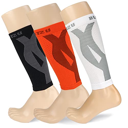 BLITZU 3 Pairs Calf Compression Sleeves for Women and Men Size XXL, One Orange, Black, White Calf Sleeve, Leg Compression Sleeve for Calf Pain and Shin Splints. Footless Compression Socks.