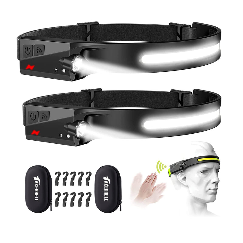 Headlamp, Rechargeable LED Headlamp with Motion Sensor, Up to 1200 lumens and 10 Hours Runtime, 10 Clips and 2 Cases, Waterproof Camping Gear for Hiking, Fishing, Cycling, Repairing 2 PCS