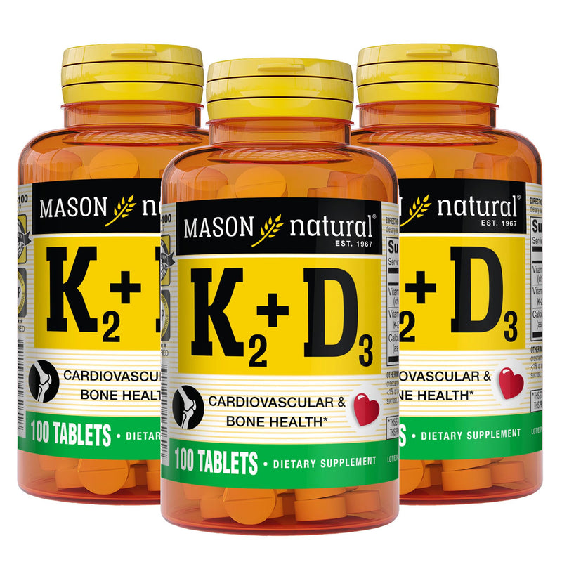 MASON NATURAL Vitamins K2 & D3 with Calcium, 300 Day Supply | 100mcg K2 with 25mcg (1000 IU) D3 & calcium to support normal bone & muscle function and calcium absorption; 300 tablets
