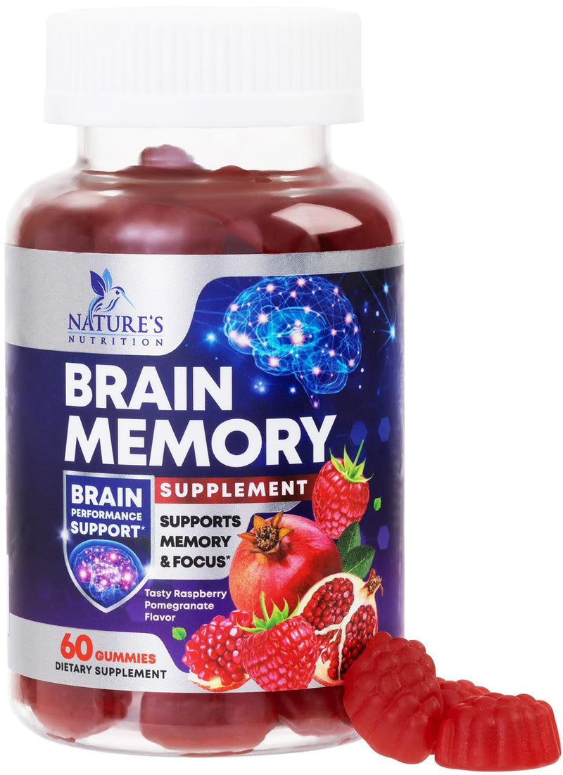 Brain Supplements For Memory & Focus Gummies - Natural Nootropics Support for Concentration Alertness & Clarity Support - 3X Strength Brain Health Vitamins with B6 B12, Phosphatidylserine - 60 Gummies 60 Count (Pack of 1)