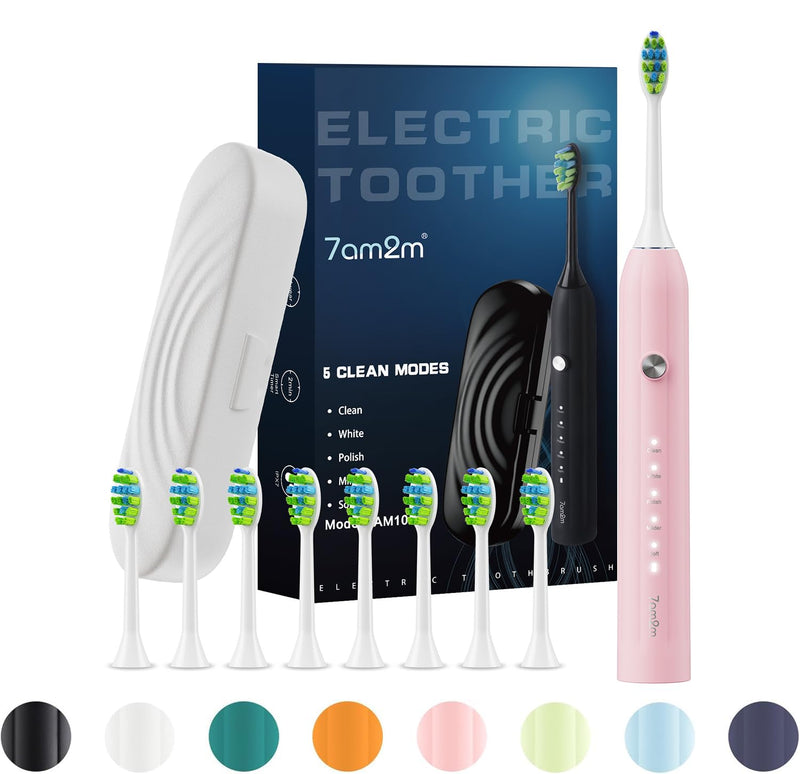 7AM2M Sonic Electric Toothbrush for Adults and Kids, with 8 Brush Heads and Travel Case,5 Modes with 2 Minutes Build in Smart Timer, One Charge Use for 90 Days, Rechargeable Toothbrushes(Pink) Pink