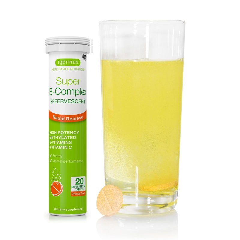 Igennus Super B-Complex Methylated Liquid B-Vitamin Effervescent Supplement | Fast Action Energy Drink, No Caffeine & Sugar-Free, Orange Flavor, Vegan, 20 Tablets Effervescent tablet 20 Count (Pack of 1)