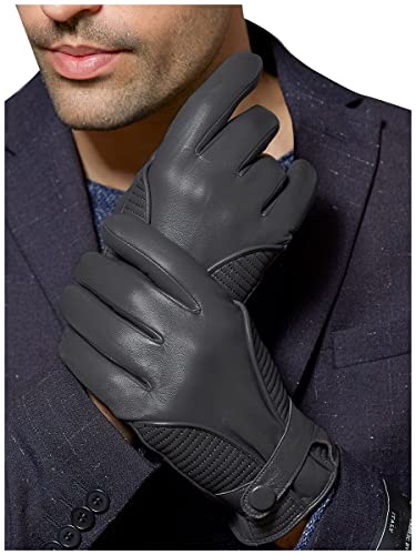 FIORETTO Men’s Winter Leather Gloves – Chrome-Free Sheepskin Driving Gloves with Cashmere Lining & Touchscreen M16516 Small Gray