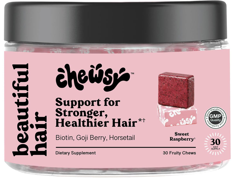 Chewsy - Beautiful Hair - Support for Stronger, Healthy Hair - with Biotin, Horsetail Extract, Goji Berry & Vitamins - Sweet Raspberry, 30-Day Supply 30 Count (Pack of 1)