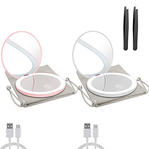 Compact Mirror with LED Light,1x/10x Magnifying Rechargeable Mirror,3.5in, Dimmable Travel Mirror for Purse,Pocket,Handheld 2-Sided Makeup Mirror Pink+white