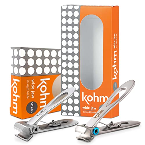 KOHM Nail Clippers Set for Thick Nails - Heavy Duty, Wide Mouth Professional Fingernail and Toenail Clippers for Men, Women & Seniors, Silver