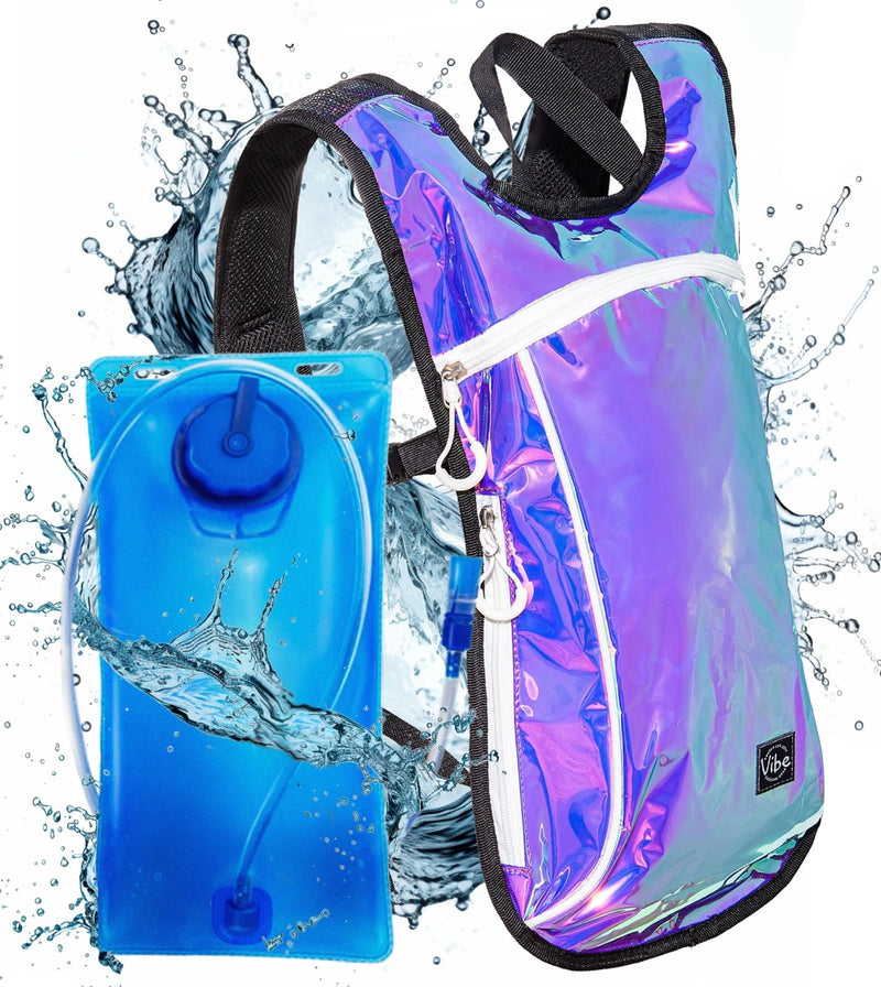 Vibe Festival Gear Hydration Pack Backpack with 2L Water Bladder for Women, Men, Teens, Kids - Hydropack Hydro Sports, Outdoor, Running, Camping, Hiking, Festivals, Raves Purple Holographic Iridescent - BeesActive Australia