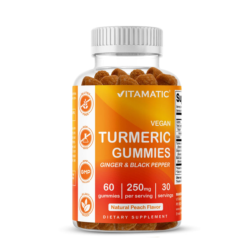 Vitamatic Vegan Turmeric Gummies with Ginger & Black Pepper, 60 Count | 95% Curcuminoids and piperine, Supports Inflammatory & Antioxidant Activity*, Natural Peach Flavor, Gluten Free, Non-GMO