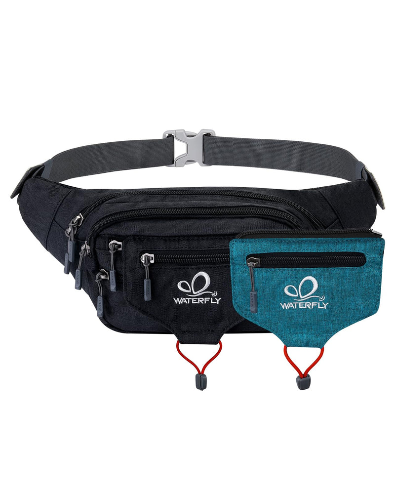 WATERFLY Running Belt Fanny Pack: Runner Marathon Jogging Waist Pack Sport Workout Exercise Fitness Phone Holder Belt for Men Women Jogger Slim Waistband Black Black with Peacock Blue Panel