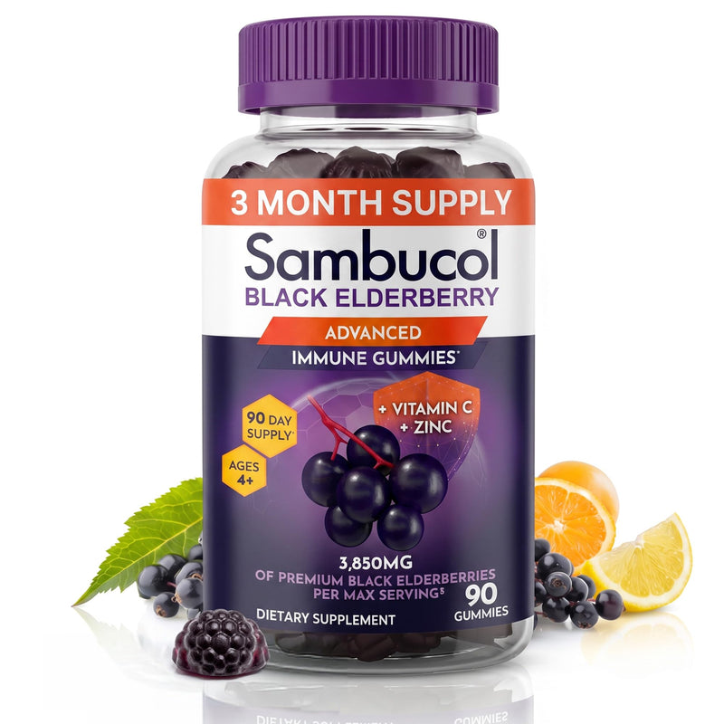 Sambucol Elderberry Gummies - Immune Support Supplement - 90 Count | Advanced Formula For Adults & Kids with Vitamin C & Zinc, Sambucol Elderberry are High in Antioxidants, Gluten Free, Vegan 90 Count (Pack of 1)