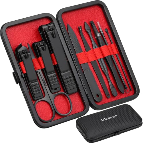 Glamne Manicure Set Nail Clippers Kit Professional Stainless Steel Nail Care Tools with Leather Travel Case 10 in 1 Black Red