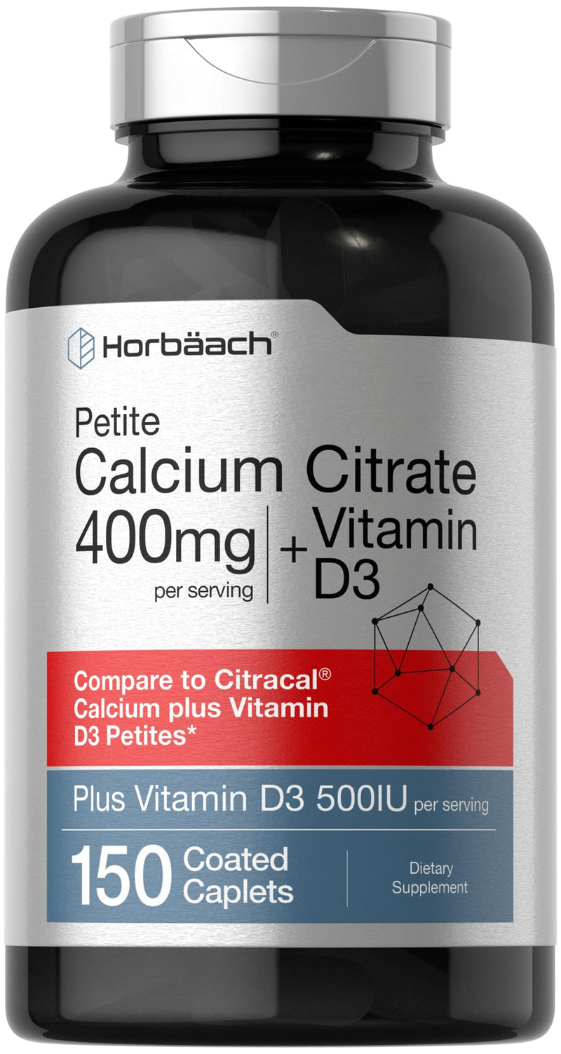 Horbaach Calcium Citrate 400mg with Vitamin D3 | 150 Petite Coated Caplets | For Men and Women | Vegetarian, Non-GMO & Gluten Free Supplement